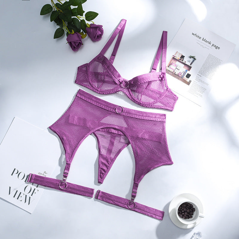Lace Mesh Cross Strap Garter Belt Three-piece Split Suit