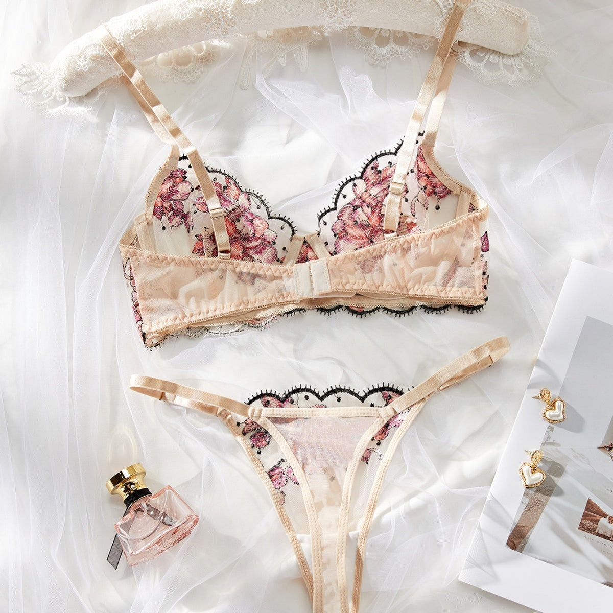 Women's Mesh Multi-color Embroidery Transparent Underwear Suit