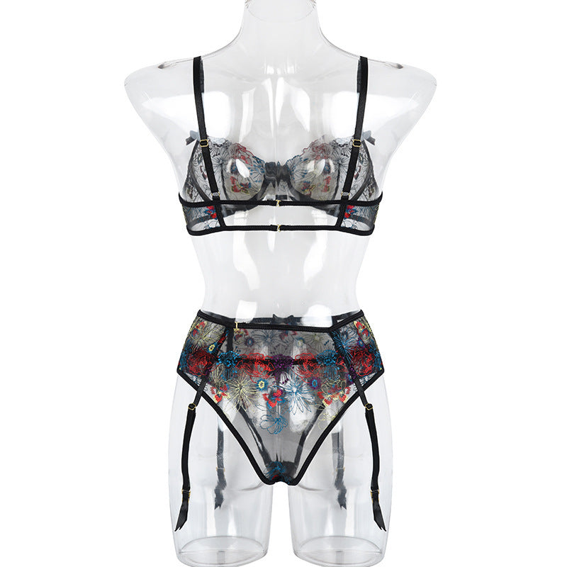 Embroidery Heavy Craft Floral Gauzy Underwear Push Up Three-piece Set