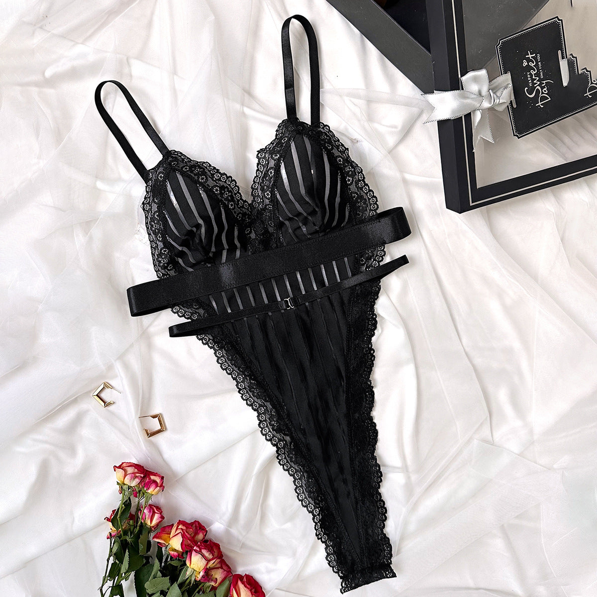 New Pajamas Striped Sheer Mesh Stitching Lace Sexy Jumpsuit