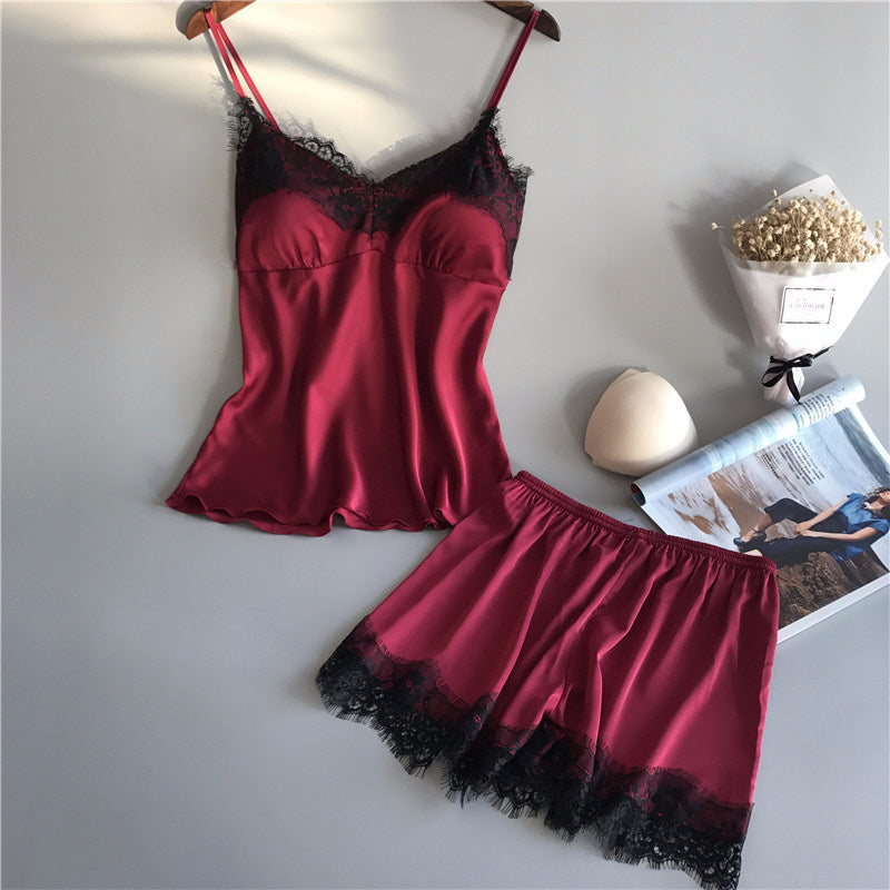Women's Sling Ice Ribbon Chest Pad Silk Loungewear Two-Piece Set