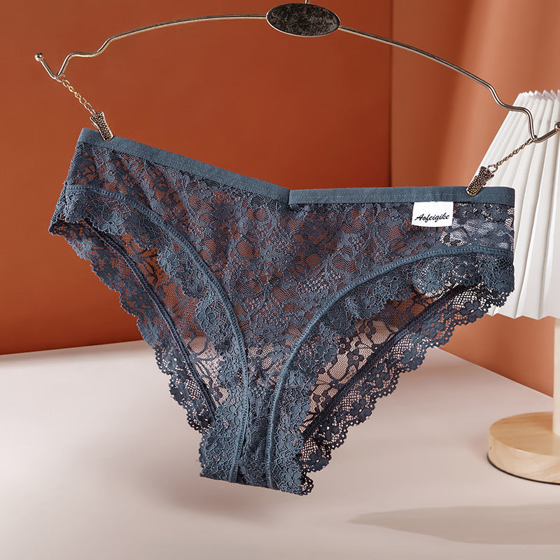Women's Lace Panties Pure Desire Mid-waist Breathable Traceless Sexy Hollow Mesh Cotton Crotch Briefs