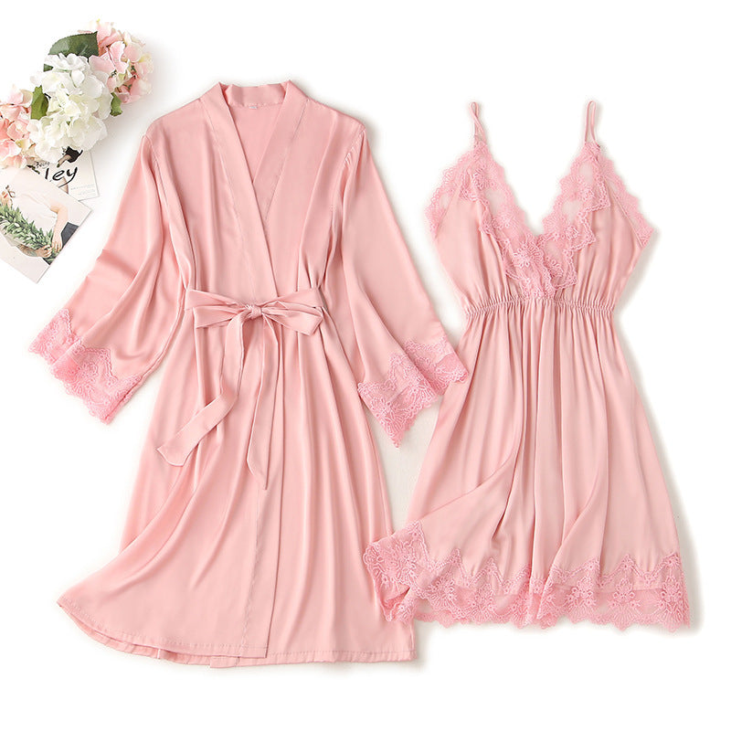 Women's Artificial Silk Pajamas With Lace Spring And Summer