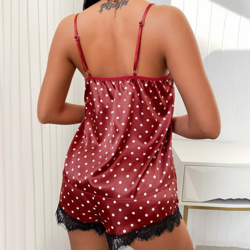 Ladies Eyelash Lace Decoration Polka Dot Printing Satin Suspender Pajamas