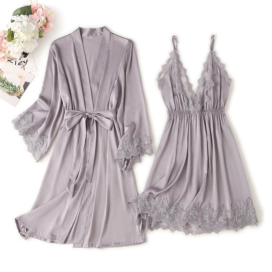 Women's Artificial Silk Pajamas With Lace Spring And Summer