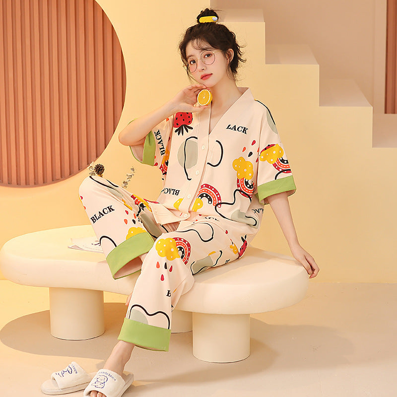 Women's Pajamas Pure Cotton Short-sleeved And Trousers Cardigan Homewear