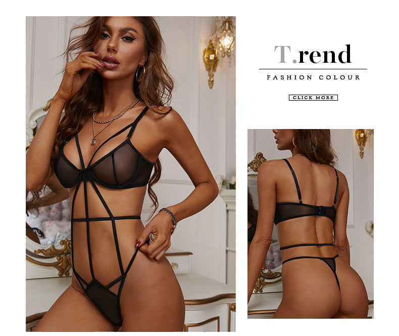 European And American Sexy Suit Cross Strap Transparent Mesh Jumpsuit