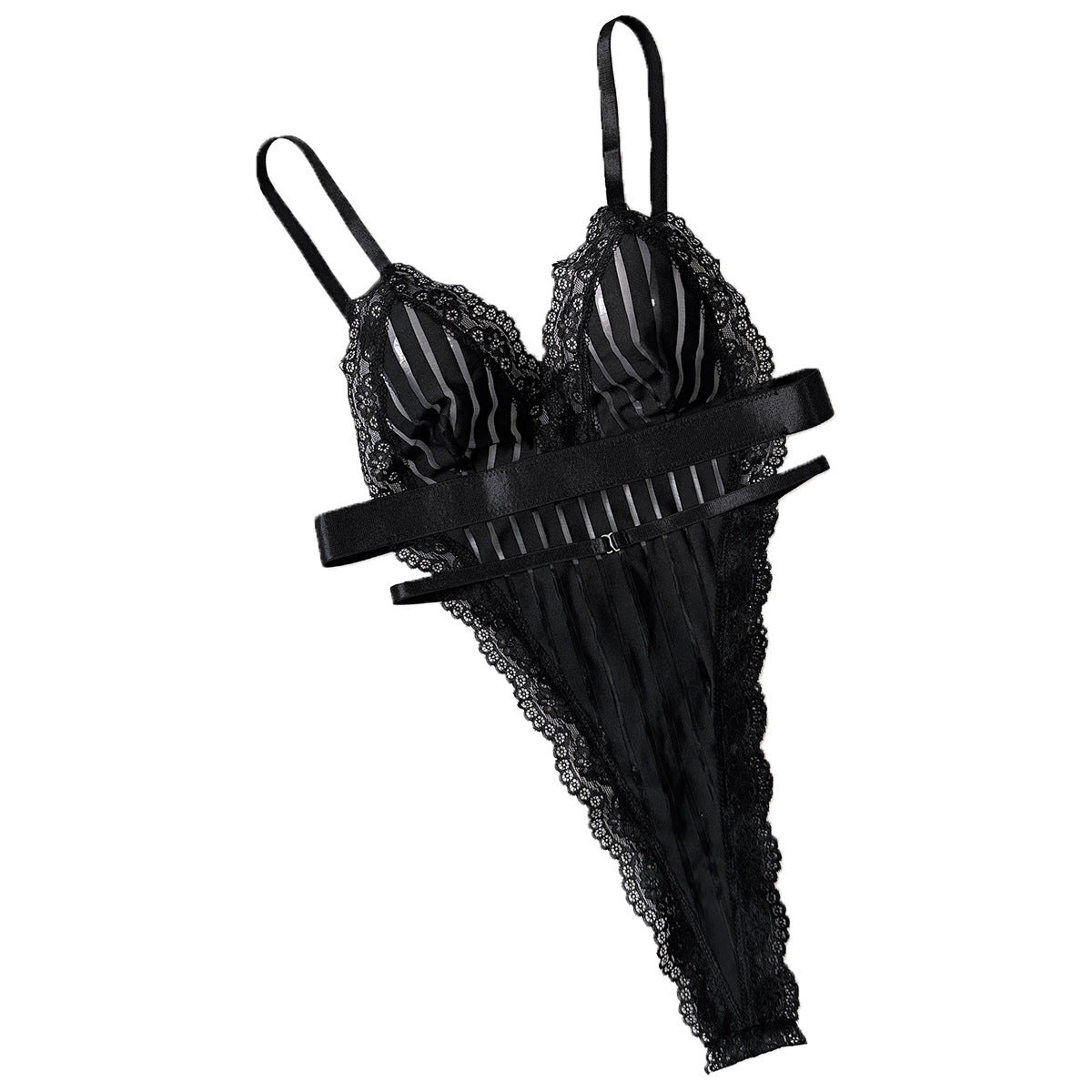 New Pajamas Striped Sheer Mesh Stitching Lace Sexy Jumpsuit