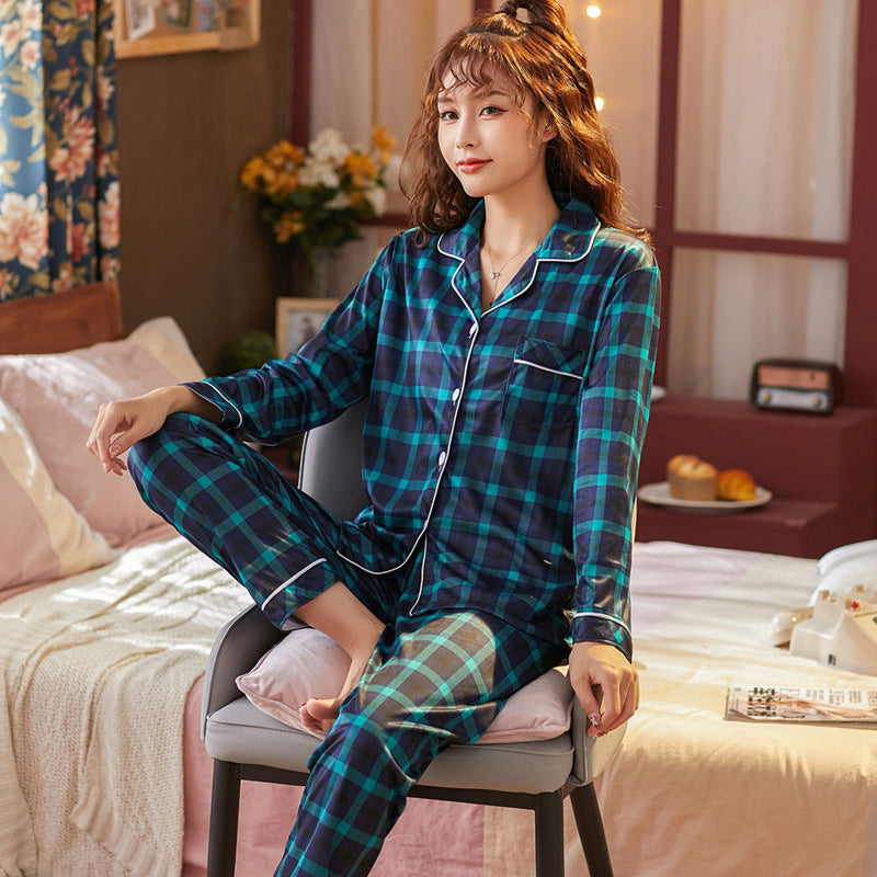 Loose Long Sleeve Plaid Pajamas Pajama Pants Suit