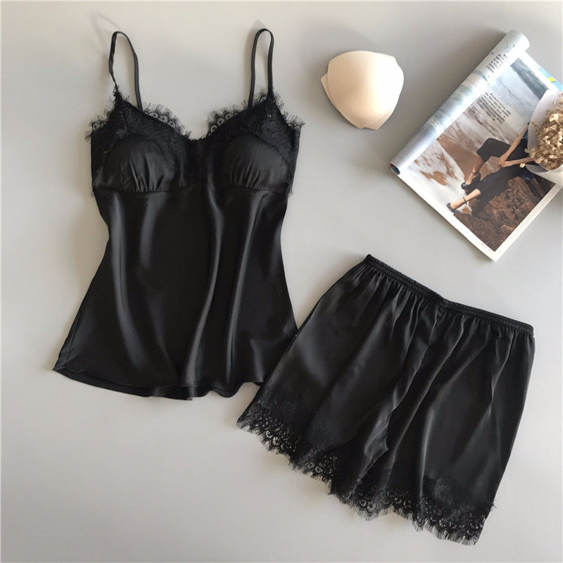 Women's Sling Ice Ribbon Chest Pad Silk Loungewear Two-Piece Set