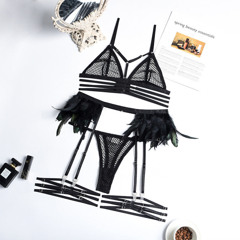 Lace Real Feather Mesh Sheer Underwear Crossover Four Piece Set