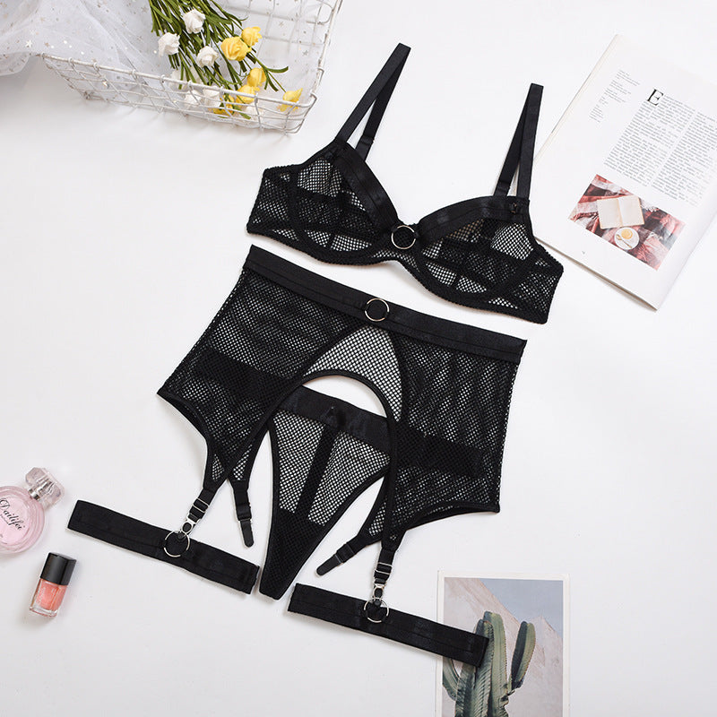 Lace Mesh Cross Strap Garter Belt Three-piece Split Suit