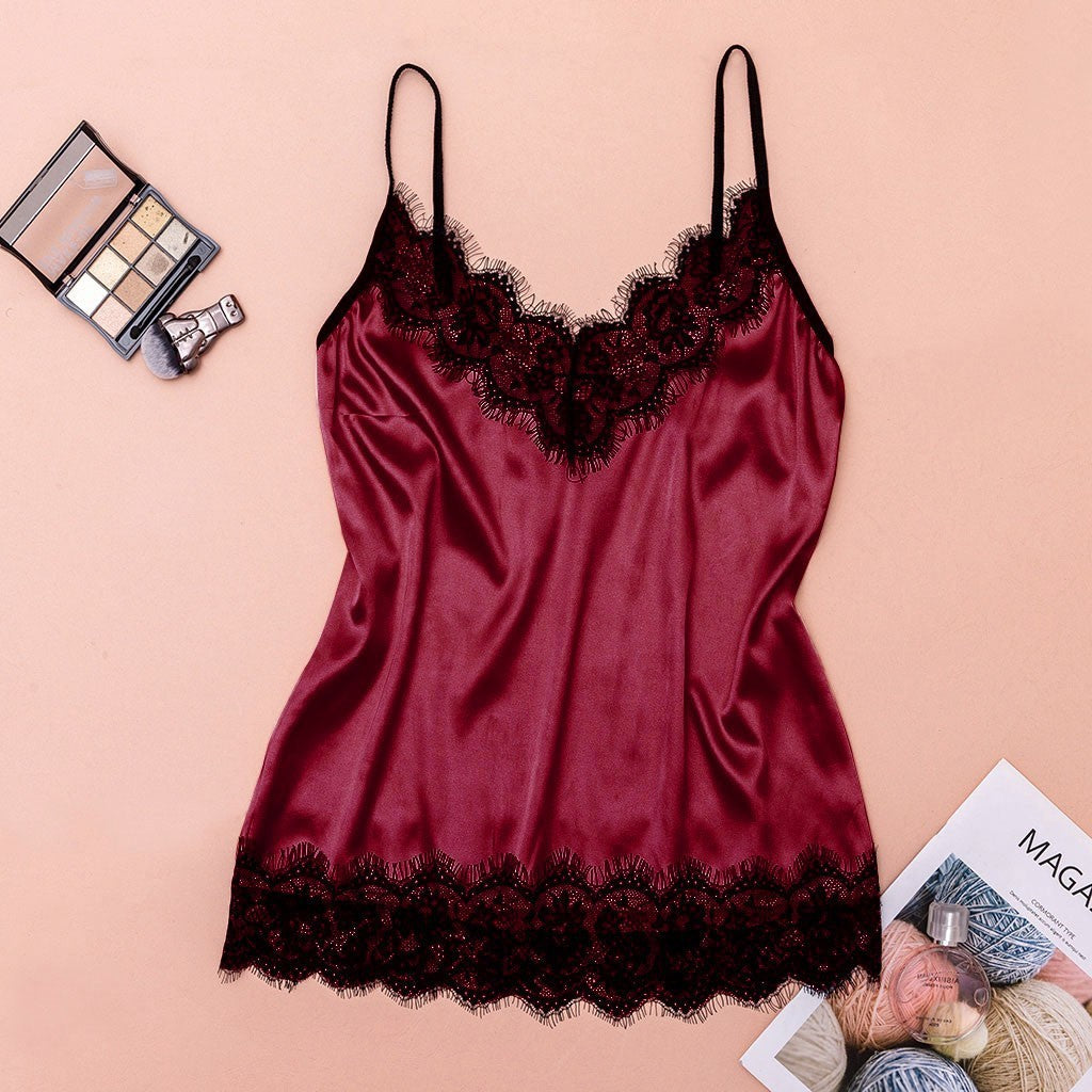 V Neck Eyelash Lace Bowknot Pajamas Three-piece Set