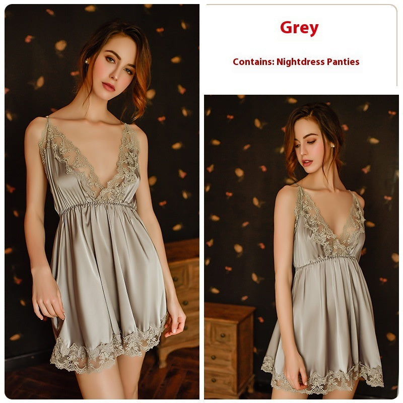 Sexy Deep V Thin Pajamas Lace See-through Slip Nightdress Lace-up Outerwear Gown Homewear Suit