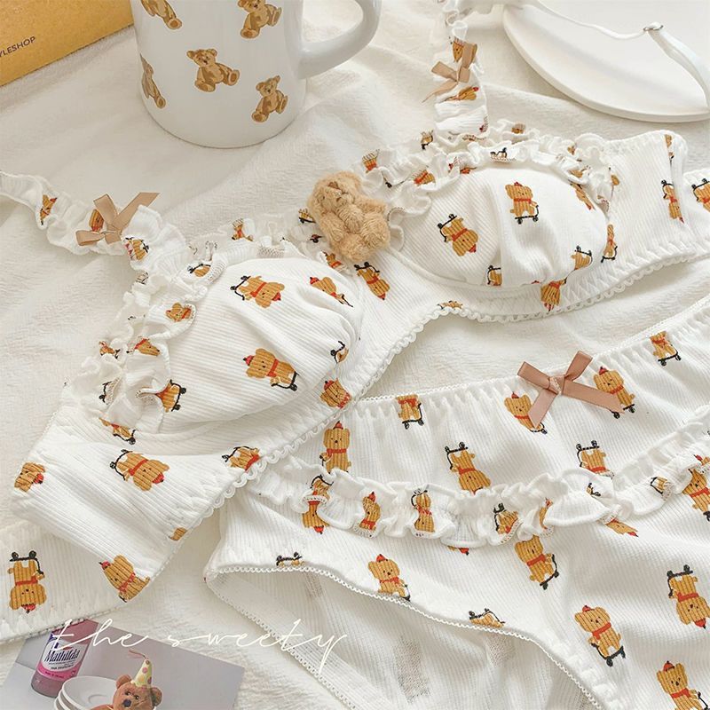 Cartoon Cute Underwear Panties Set Women's Chest-flattering Small Wireless Pure Desire Charming Bra