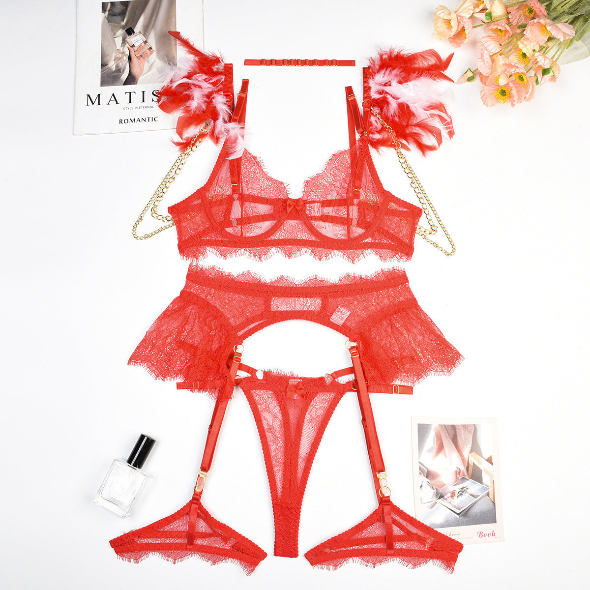 Feather Lace Chain Heavy Industry Underwear Suit In Stock Women