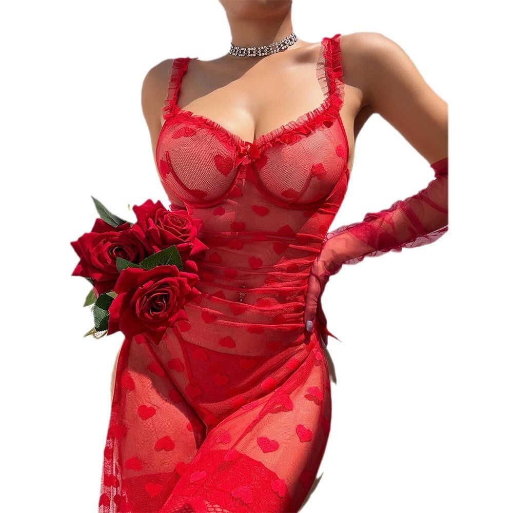 Sexy Underwear Lace See-through Long Skirt Seduction Nightdress T-back Two-piece Set