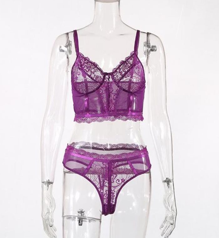 Sexy Eyelash Stitching Lace See-Through Suit