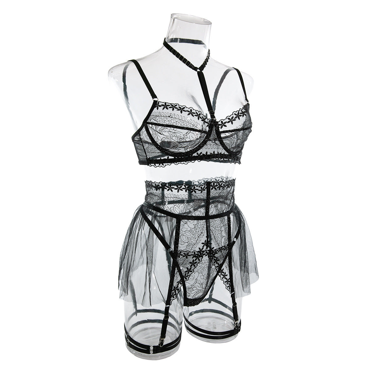 Style Lace Mesh Splicing See-through Metal Buckle Halter Underwear Suit