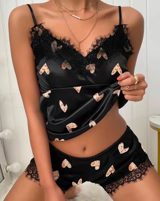 Ladies Eyelash Lace Decoration Polka Dot Printing Satin Suspender Pajamas