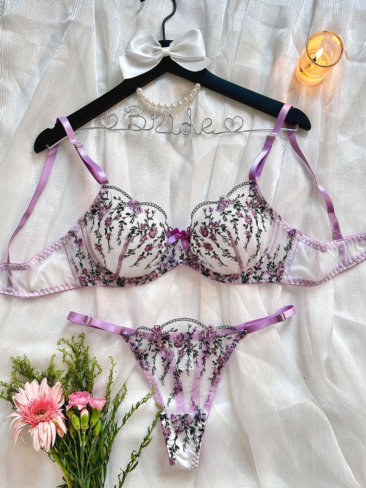 Floral Embroidery Transparent Mesh Underwear Suit