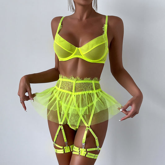 Women's See-through Push Up Mesh Lace Stitching Four-piece Set