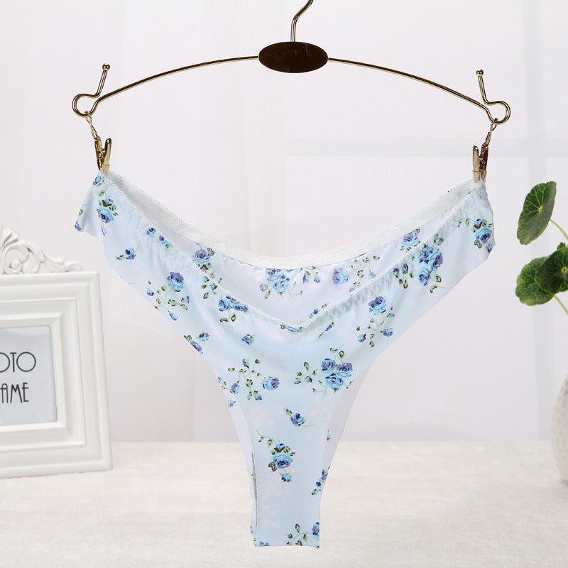 One-piece Ice Silk Seamless Oversized Elastic Printed Women's Underwear T-back T-shaped Panties