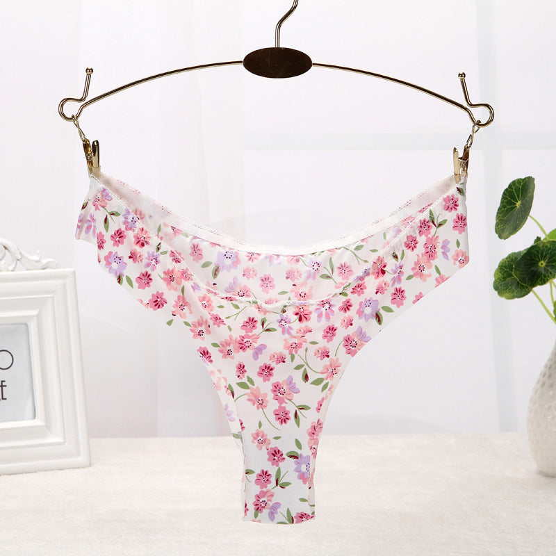 One-piece Ice Silk Seamless Oversized Elastic Printed Women's Underwear T-back T-shaped Panties