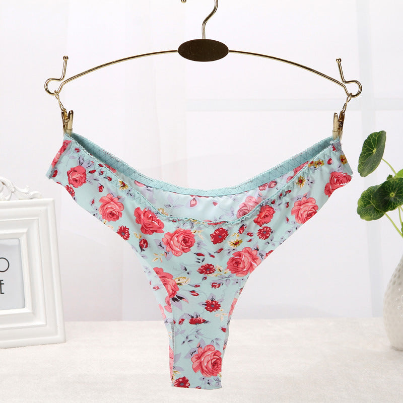 One-piece Ice Silk Seamless Oversized Elastic Printed Women's Underwear T-back T-shaped Panties