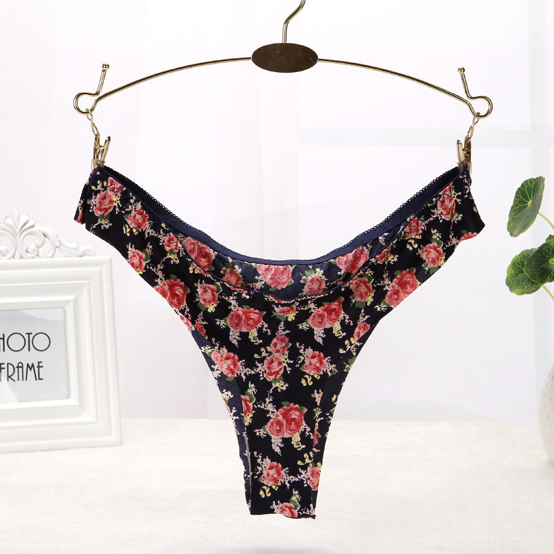 One-piece Ice Silk Seamless Oversized Elastic Printed Women's Underwear T-back T-shaped Panties
