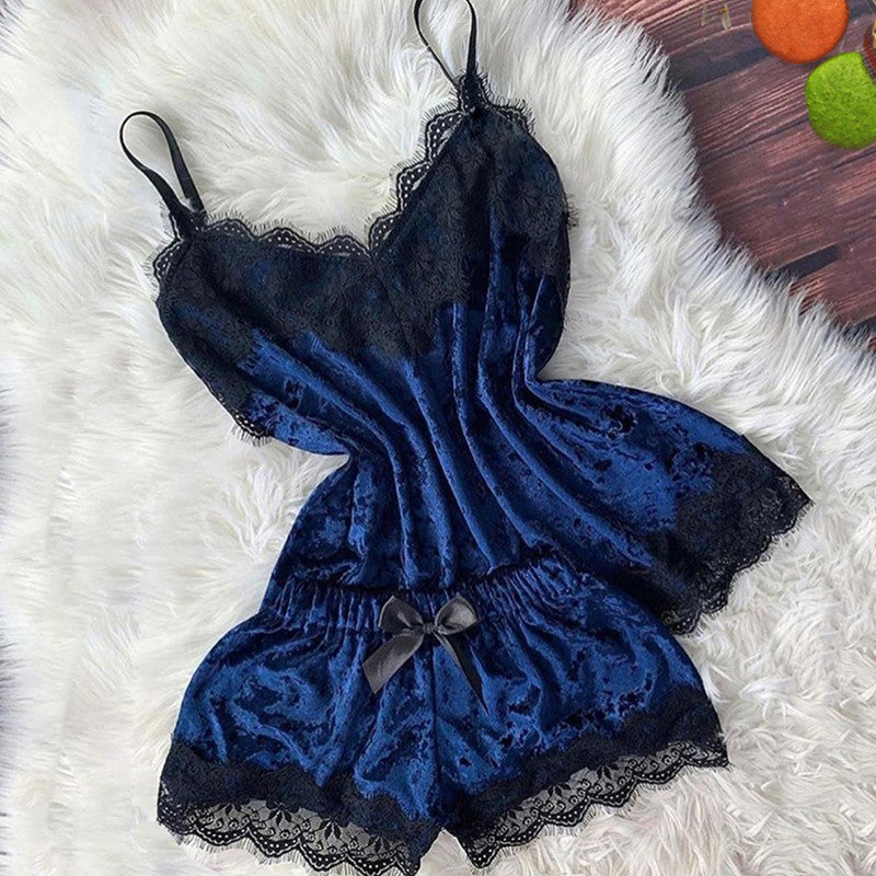 Suit gold velvet suspender shorts lace pajamas