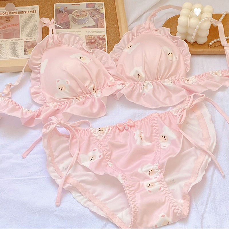 Cute Printed Underwear Without Steel Ring Not Empty Cup Slimming Bra Set