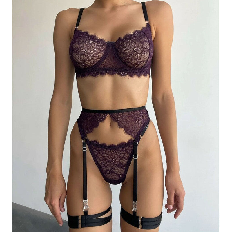 Sexy Underwear Lace Ribbon Steel Ring Bra Set