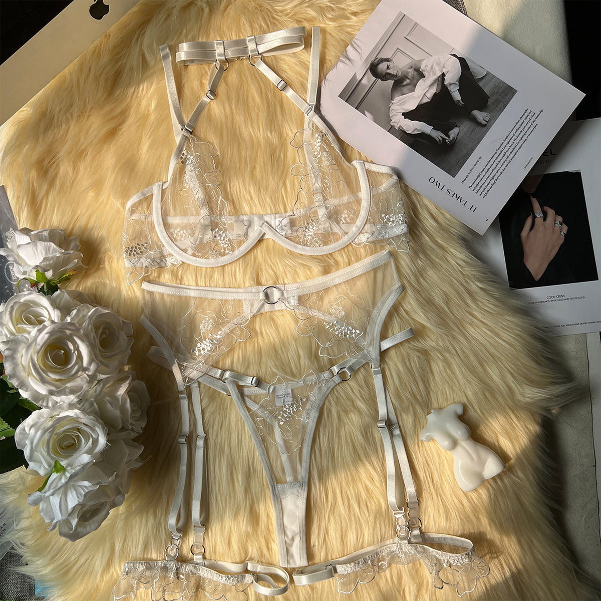 Sexy Seduction Mesh Machine Embroidery Bra Set