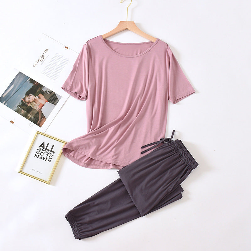 Solid Color Pajamas Women's Summer Short Sleeve Trousers Modal Thin Loose And Simple Homewear