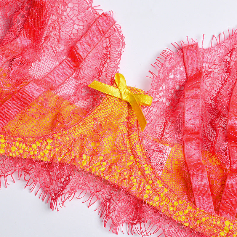 Mesh Perspective Stitching Contrast Color Crossover Socks Lingerie Set