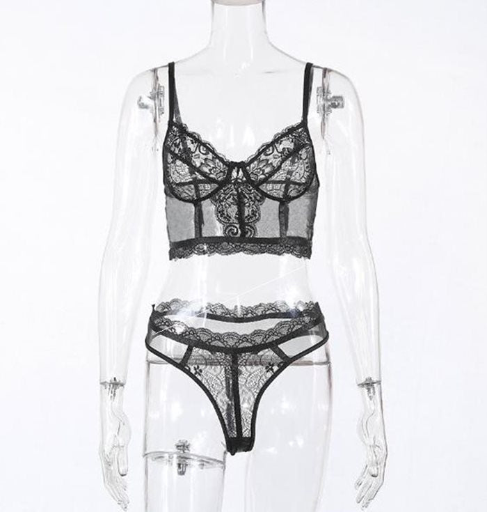 Sexy Eyelash Stitching Lace See-Through Suit