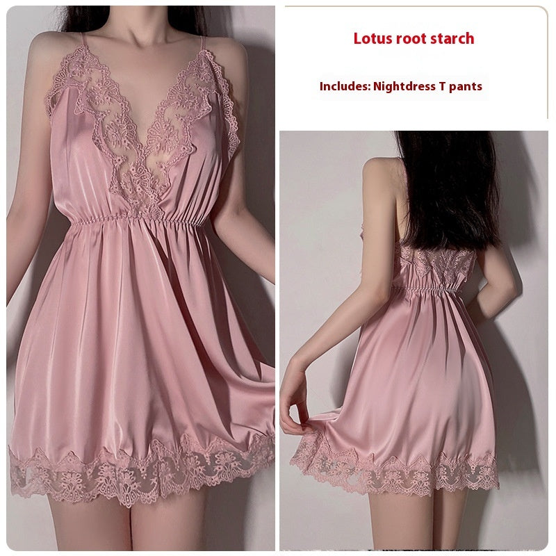 Sexy Deep V Thin Pajamas Lace See-through Slip Nightdress Lace-up Outerwear Gown Homewear Suit