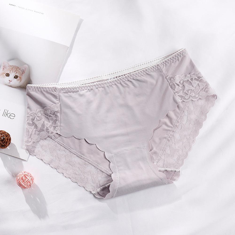 The New Ladies Ice Silk Non-sense Underwear Lace Thin Section Breathable Cotton Bottom Crotch Mid-waist Briefs