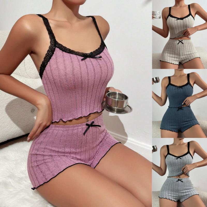 Lace Trim Suspender Shorts Fleece Sunken Stripe Homewear