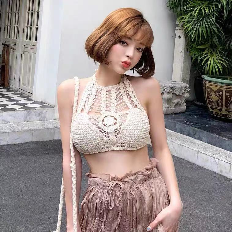 Fashion sexy small camisole seaside lace-up beautiful back hollow knitted swimsuit short bikini