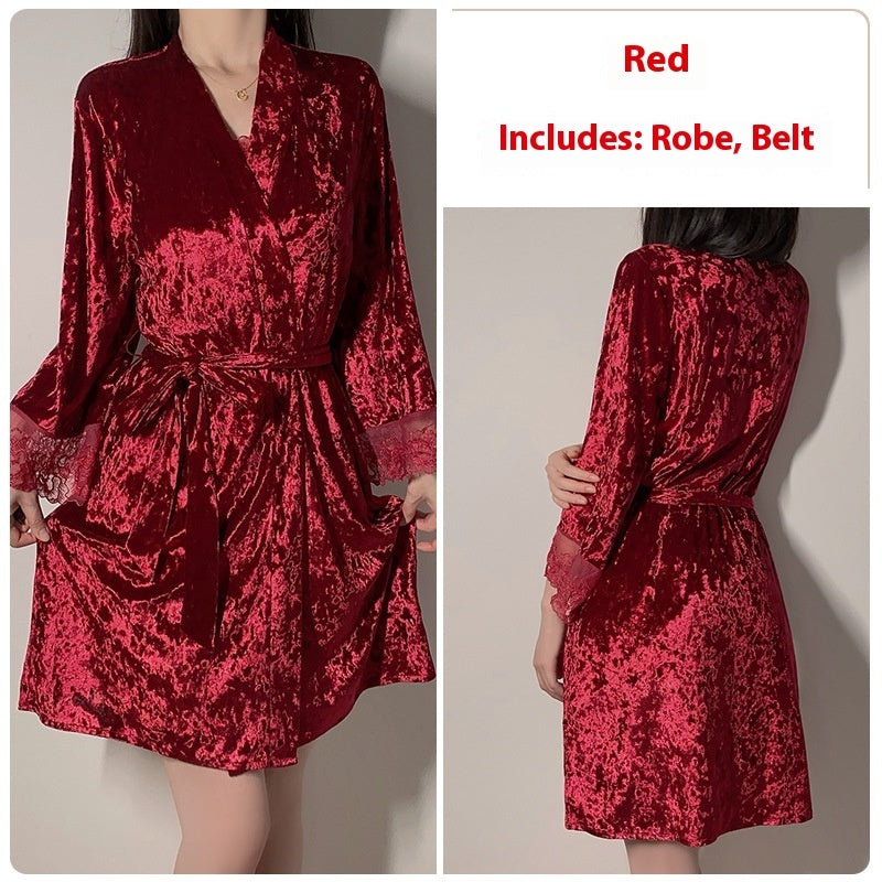 Women's Velvet Pajamas Suspenders Nightdress Outerwear Gown Suit