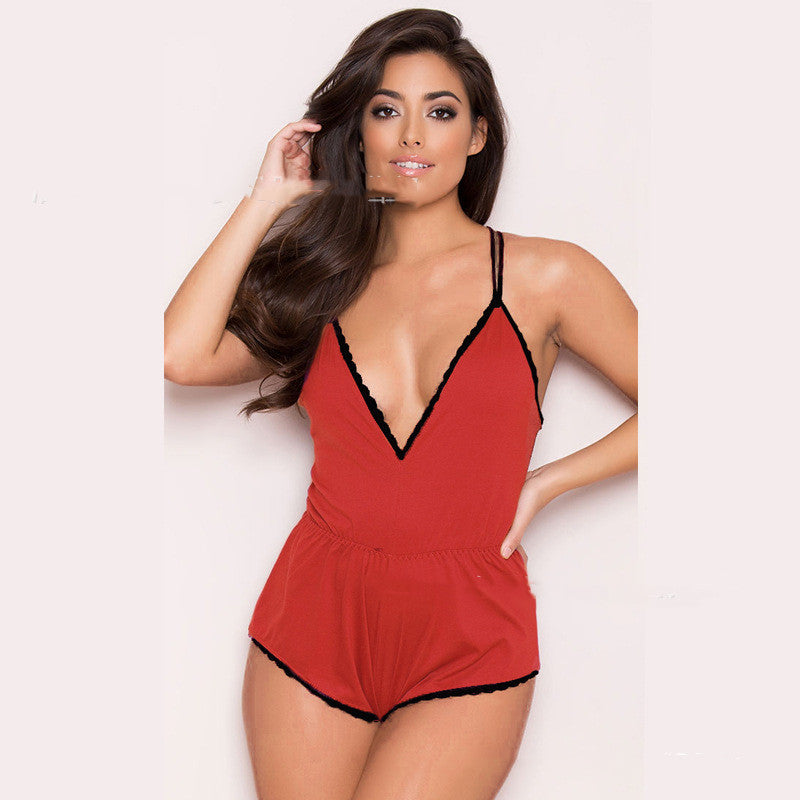 Women's Pajamas Deep V Sling Bodysuit Corset One Piece Lace