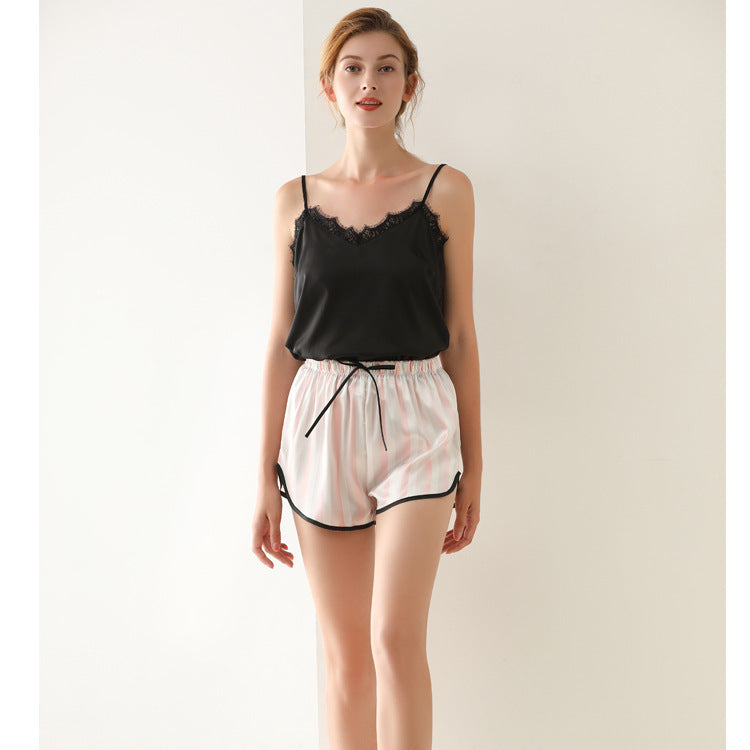 Women's Summer Lace V-Neck Sling Print Shorts Pajama Set