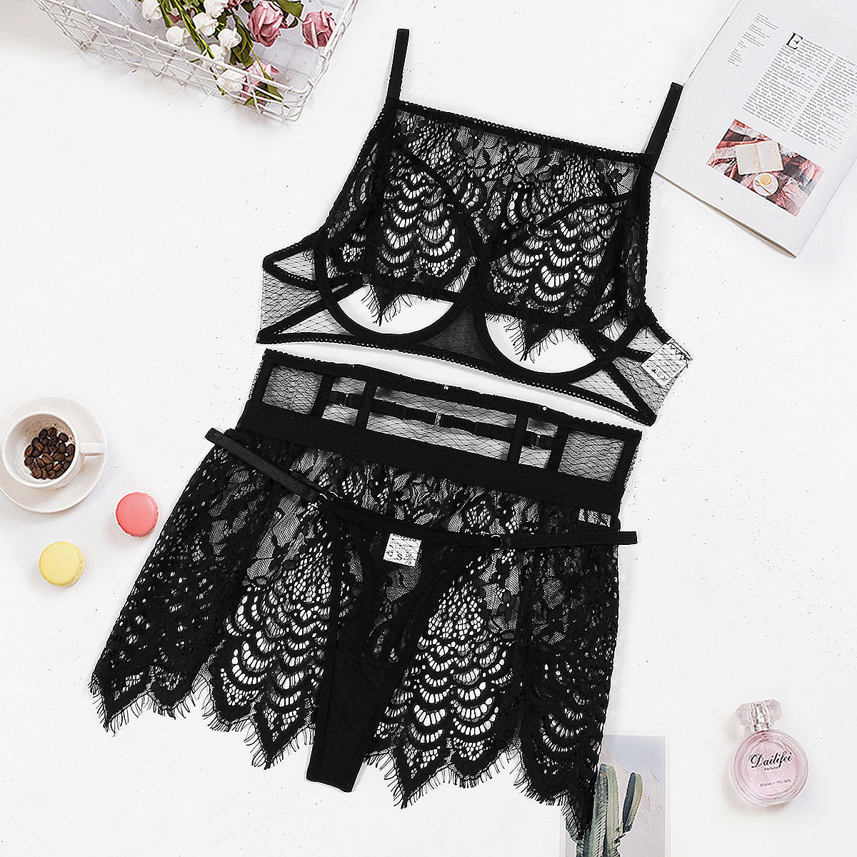Lace Cutout See-through Three-piece Set