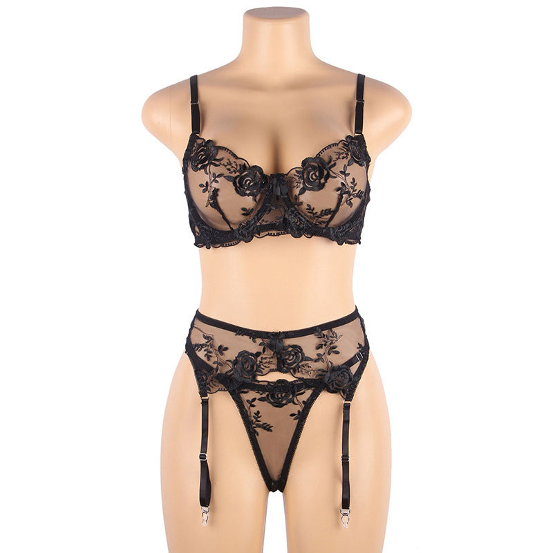 Lace See-through Embroidered Steel Bracket Garter Underwear Bra Set