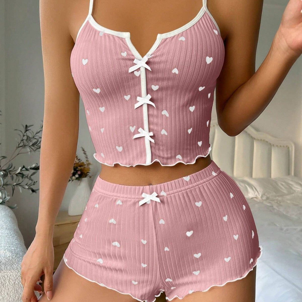 Heart Shape Printed Contrast Color Pajamas Front Placket Split Sling Pajamas Suit