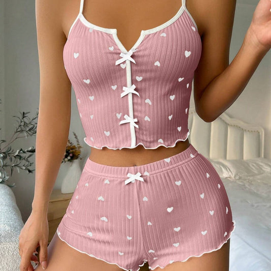 Heart Shape Printed Contrast Color Pajamas Front Placket Split Sling Pajamas Suit