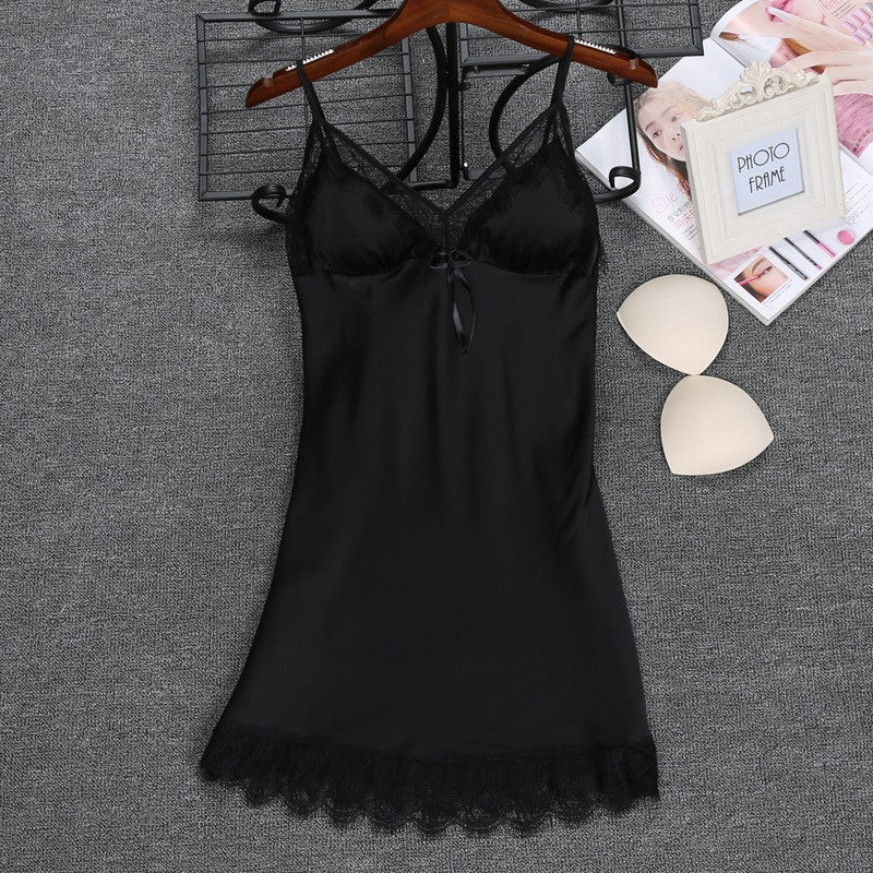 Female Summer Sexy Suspender Skirt Ice Silk Comfortable Bathrobe Lace Home Service