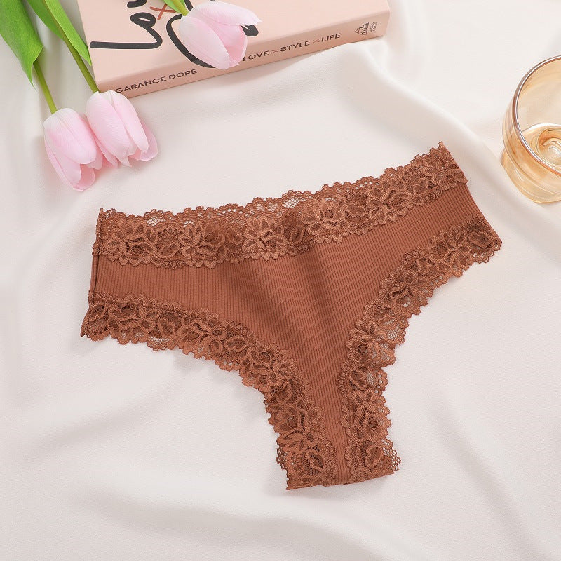 Rib Cotton Underwear Lace Sexy Pure Mid-waist French Style Women's Briefs